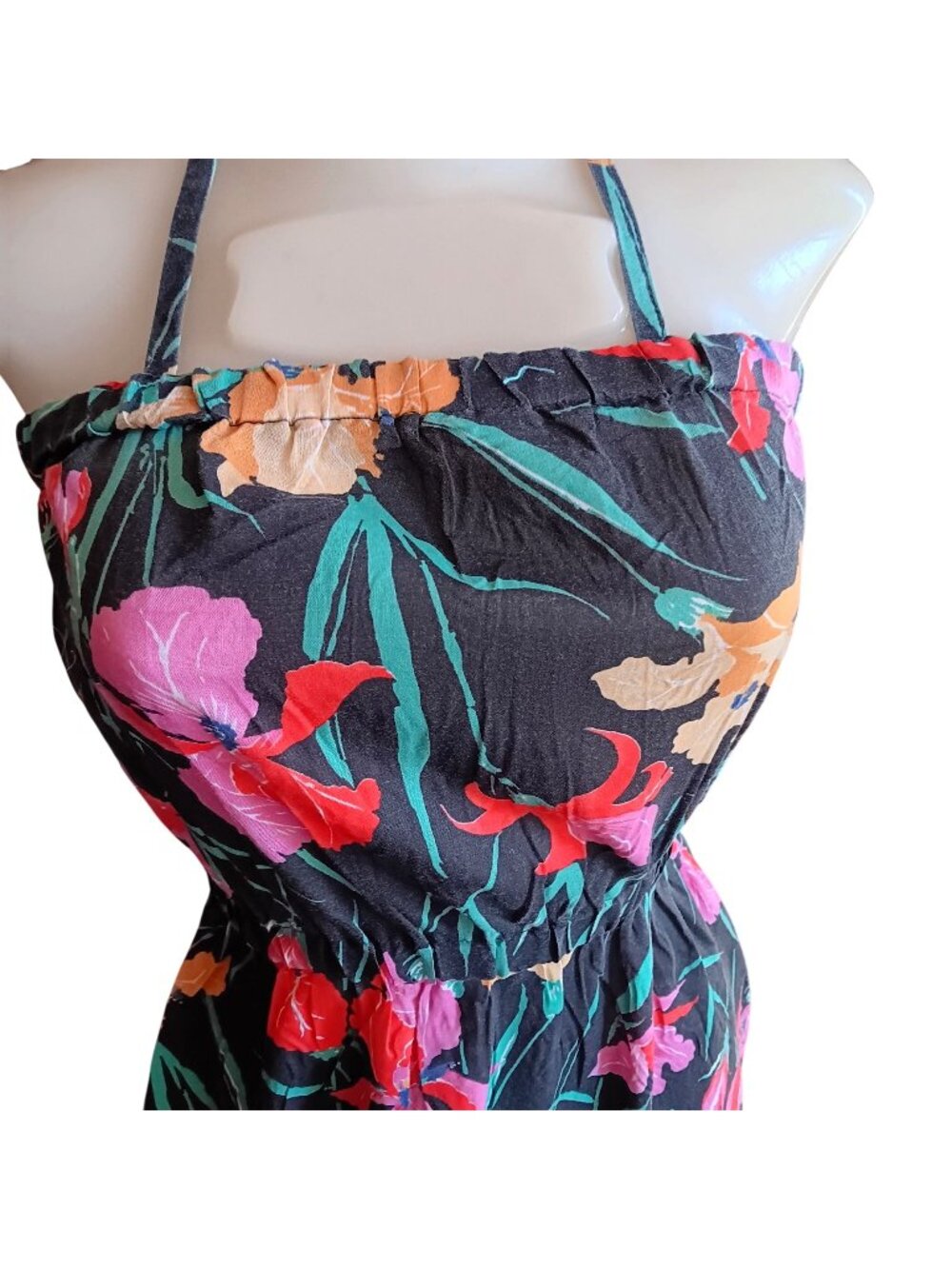 True Vintage Dress 70's Sears Medium Floral Halter Dress Elastic Waist Tie